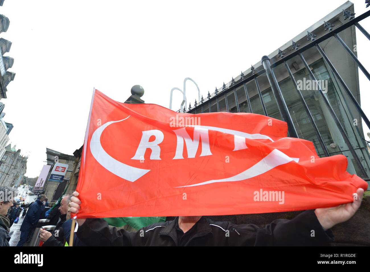 Edinburgh, UK. 14th Nov, 2018. RMT Union (National Union of Rail, Maritime and Transport Workers) members protests Ahead of a Holyrood vote calling for the ScotRail break clause to be exercised, Scottish Labour leader Richard Leonard and Transport spokesperson Colin Smyth campaign at Waverley station. Credit: Colin Fisher/Alamy Live News Stock Photo