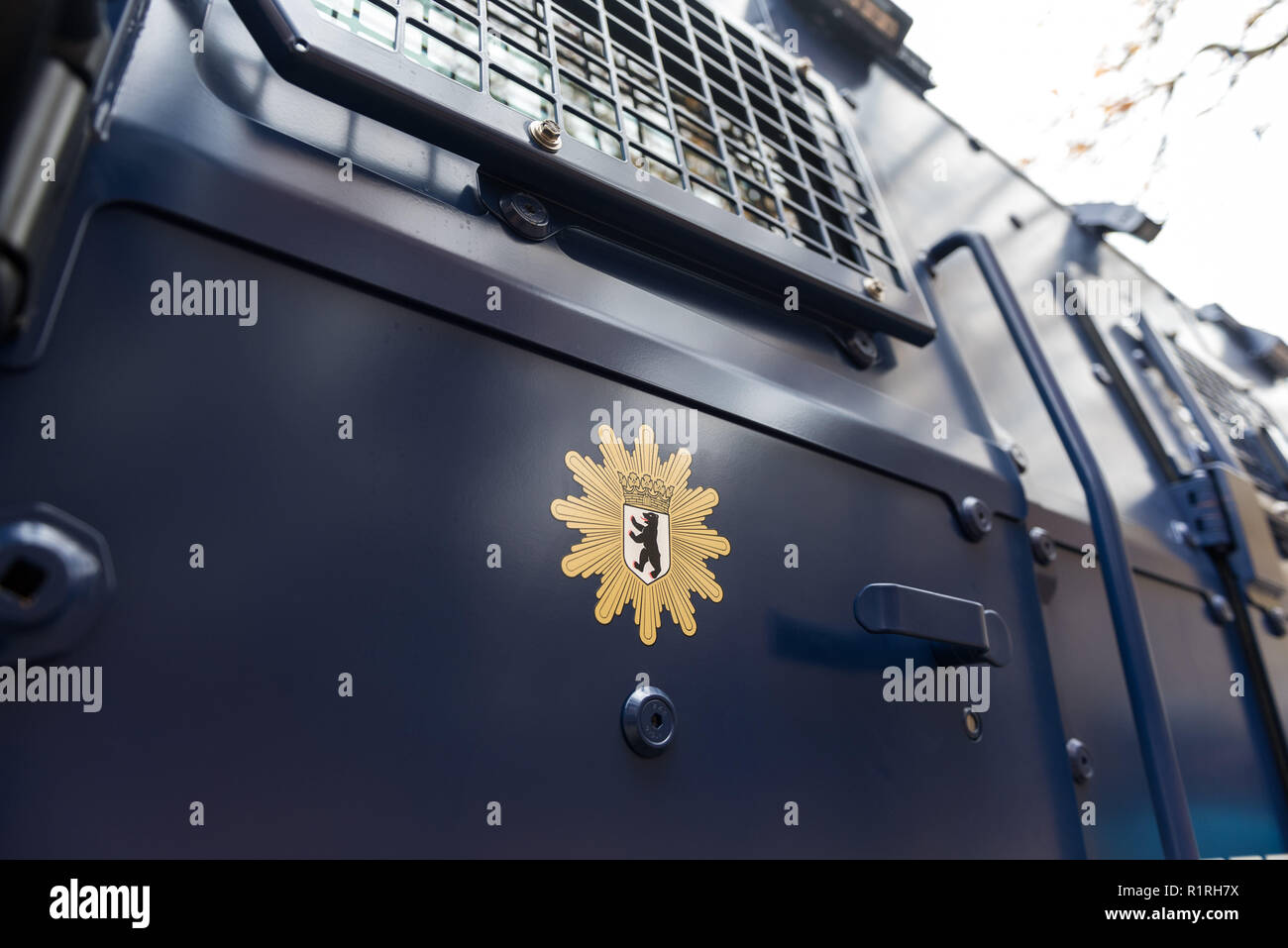 November 14, 2018 - Berlin, Berlin, Germany - The police logo seen on the  armored vehicle survivor R during the hand over..Handing over of the  armored rescue vehicle ''Survivor R'' of Rheinmetall