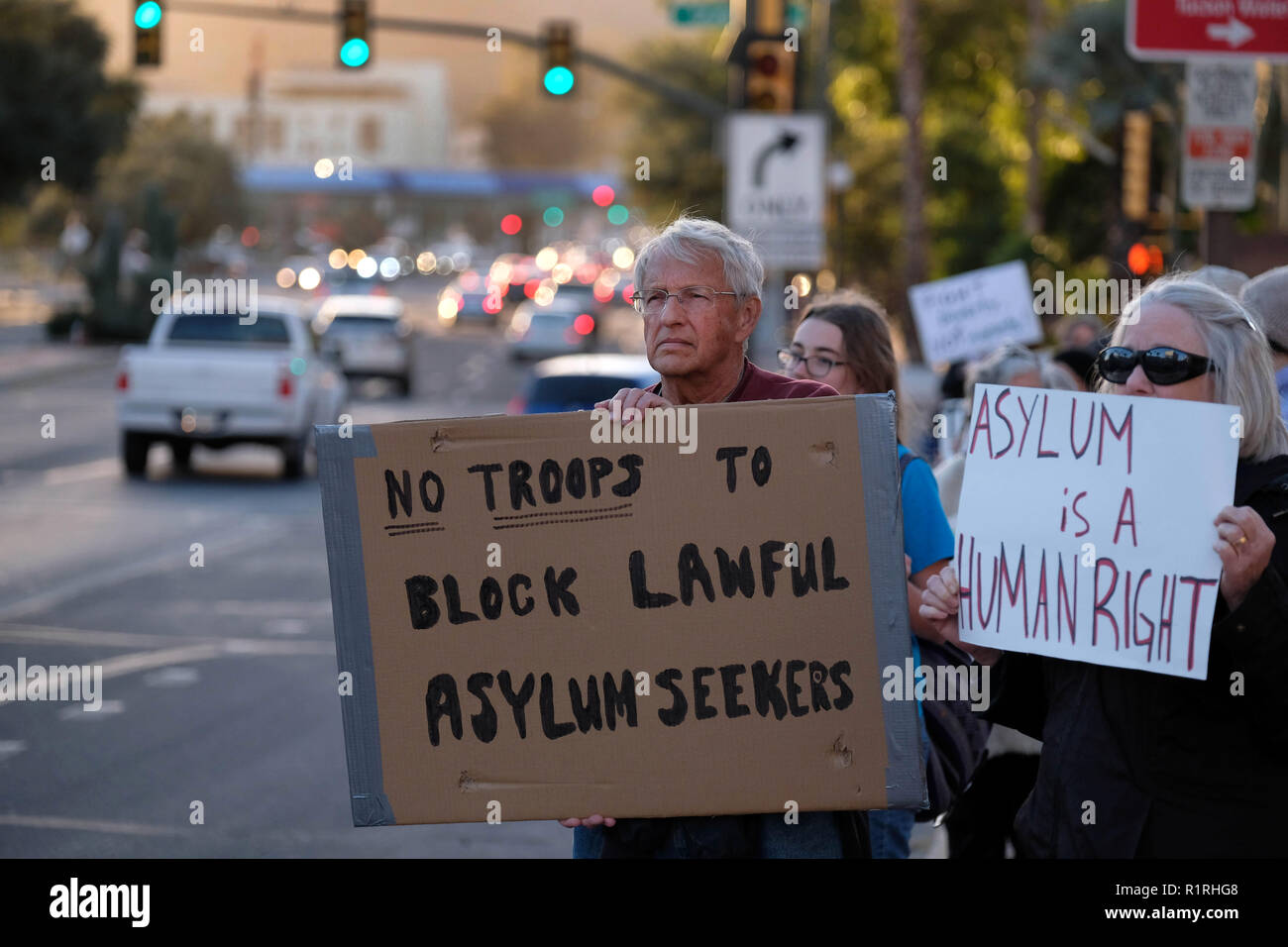 November 13, 2018 - Tucson, Arizona, USA - Pro immigrants rights protest in Tucson in support of the migrant caravan traveling through Mexico towards the US border. They denounced the stationing of US troops by President Trump on the border to hault the caravan if they reach the Arizona and support the migrants rights to apply for asylum. (Credit Image: © Christopher Brown/ZUMA Wire) Stock Photo