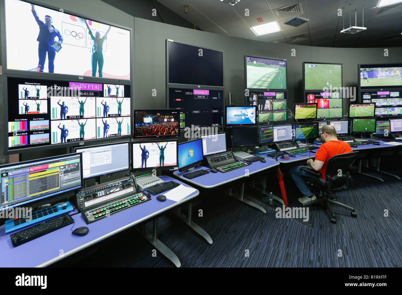 Doha, Qatar. 11th Nov, 2018. An interior view of the beIN TV Network studios in Doha. Qatar is
