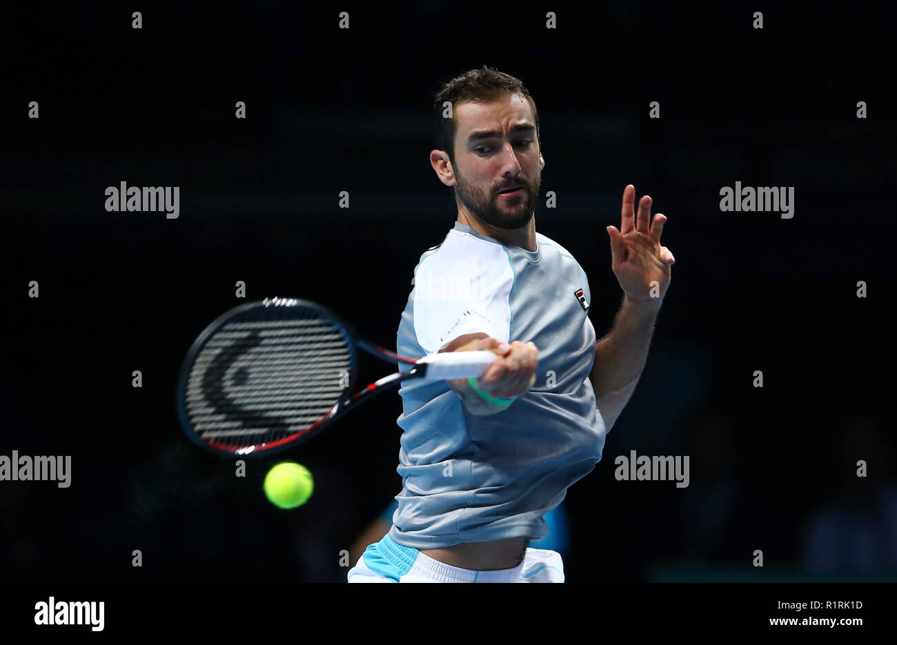 London, UK. November 14, 2018. Marin Cilic (CRO) against John Isner  (USA)  during Day Four Singles of the Nitto ATP World Tour  Finals played at The O2 Arena, London on November 14 2018. Credit Action Foto Sport Stock Photo