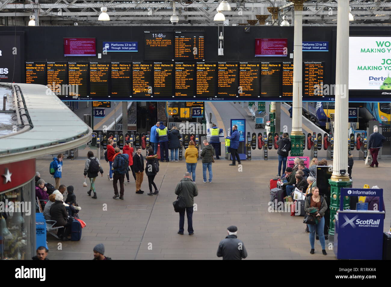 Edinburgh, UK. 14th Nov, 2018. Destination: Anyone's guess? Ahead of a Holyrood vote calling for the ScotRail break clause to be exercised, Scottish Labour leader Richard Leonard and Transport spokesperson Colin Smyth campaigned at Waverley station. Credit: Colin Fisher/Alamy Live News Stock Photo