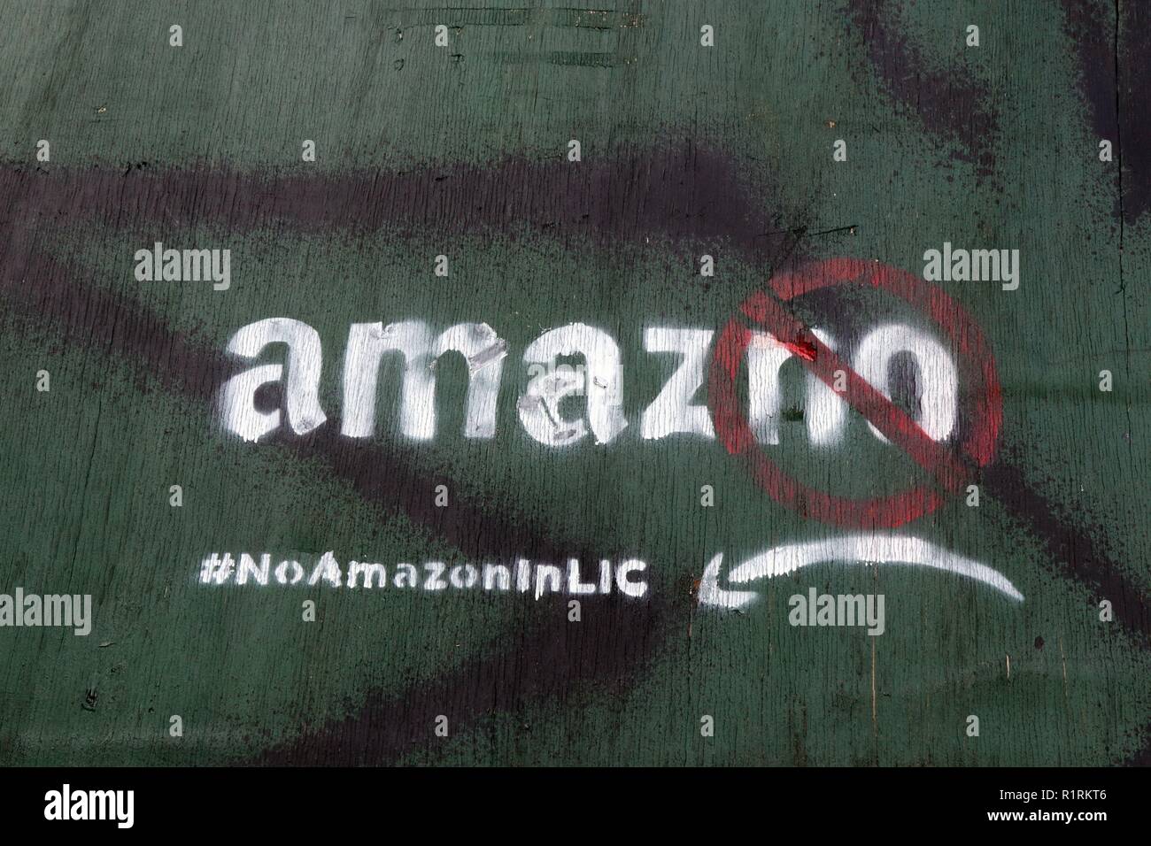 New York, USA. 14th Nov 2018. Elected officials and residents of Long Island City protested the cost to New York City in tax giveaways by the city to entice Amazon to locate its second headquarter in the neighborhood across the river and three subway stops from Manhattan, 14 November, 2018. Voicing concerns from: about a stressed subway system, congested streets and impact on rents, were among some of the concerns that area residents and officials addressed. Shown is the building at One Court Square that Amazon is expected to be headquarted in. Credit: ZUMA Press, Inc./Alamy Live News Stock Photo