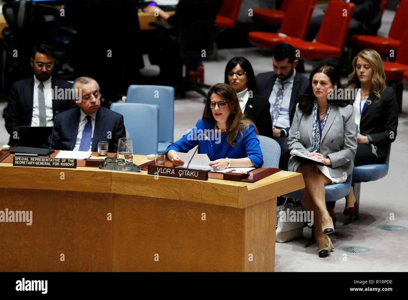 United Nations, Security Council meeting on Kosovo at the UN headquarters in New York. 14th Nov, 2018. Vlora Citaku (R, Front), representative of Kosovo, addresses a Security Council meeting on Kosovo at the UN headquarters in New York, on Nov. 14, 2018. The top UN envoy in Kosovo on Wednesday called for social engagement for the success of negotiations on a possible new comprehensive agreement between Pristina and Belgrade. Credit: Li Muzi/Xinhua/Alamy Live News Stock Photo