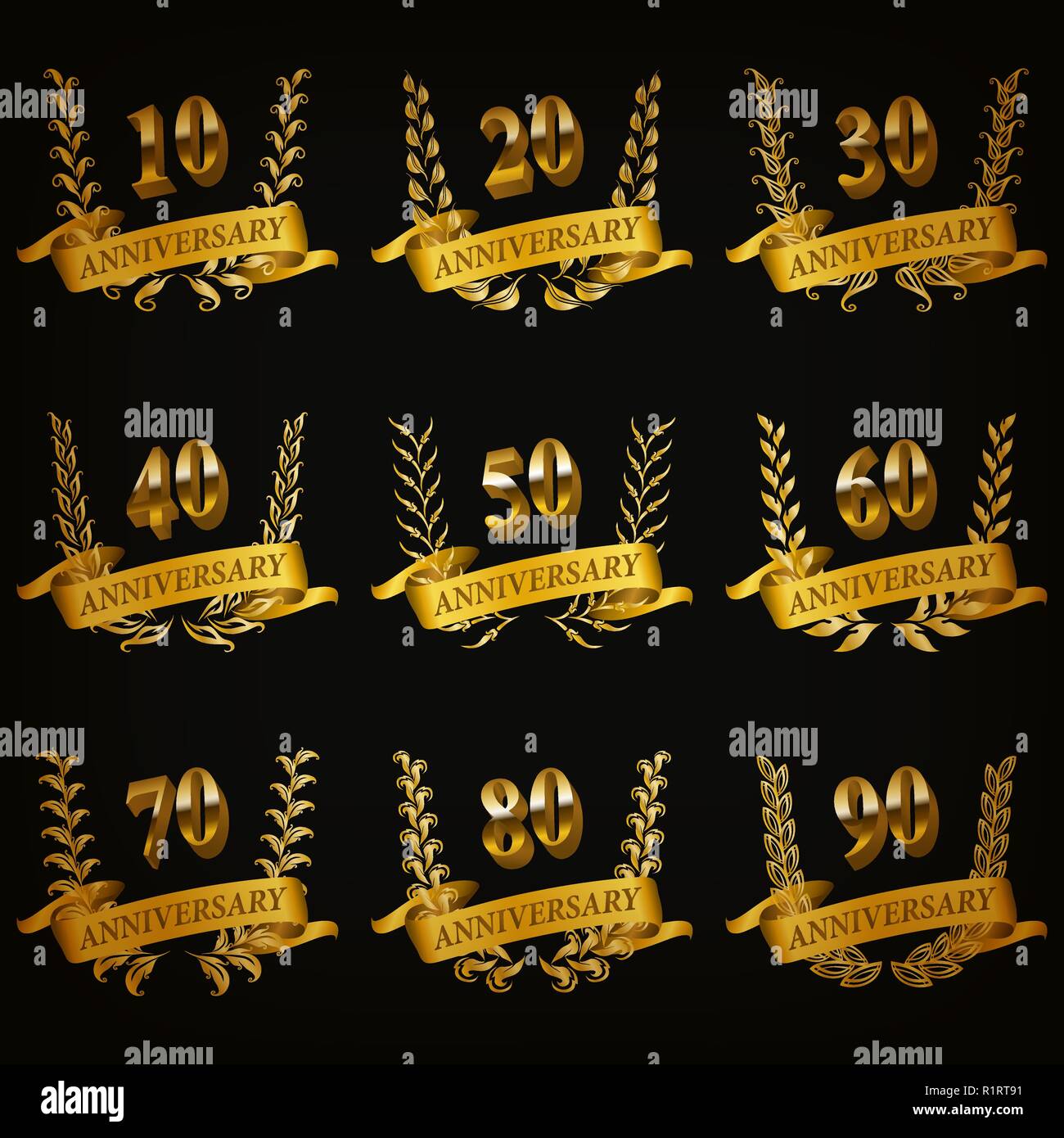 Set of gold anniversary badges with laurel wreaths, numbers. Decorative