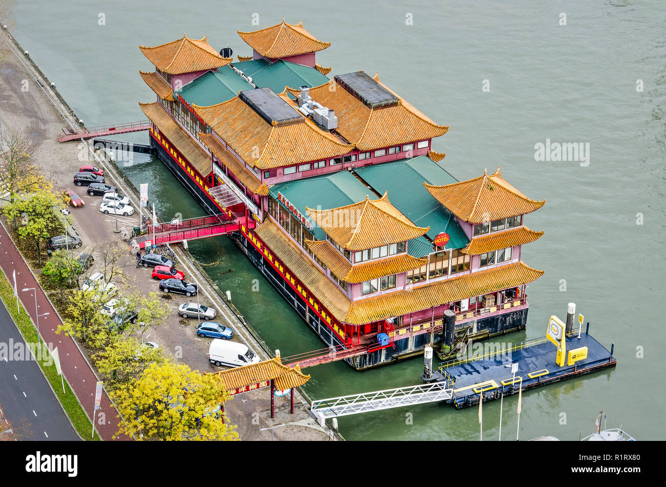Rotterdam, The Netherlands, November 12, 2018: aerial view of the chinese pagoda-style hotel and restauruant boat that has been moored at Park Harbour Stock Photo