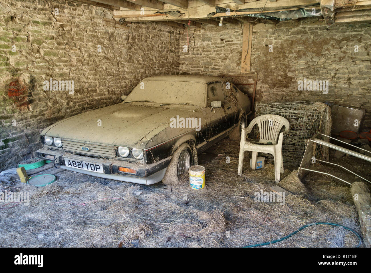 A 1983 Ford Capri 2.8 found stored in a rural barn awaiting restoration (UK) Stock Photo