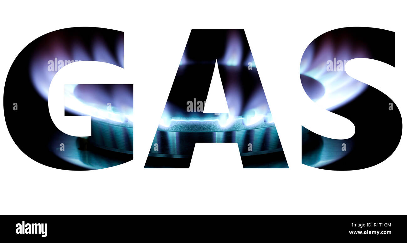 Gas word with burner flame background isolated on white Stock Photo Alamy