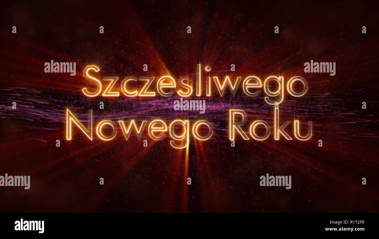 Happy New Year text in Polish "Szczesliwego Nowego Roku" loop animation  over dark animated background with swirling stars and floating lines Stock  Photo - Alamy