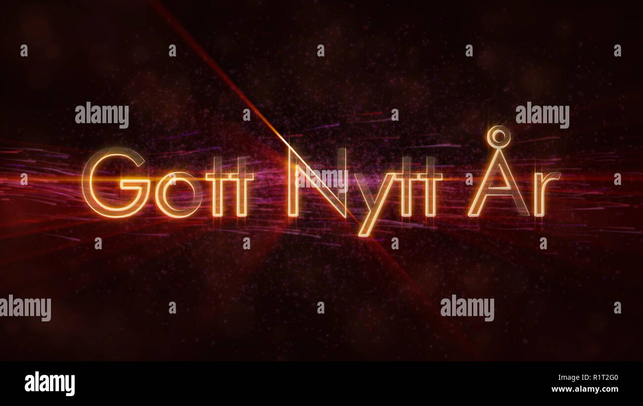 Happy New Year text in Swedish 'Gott Nytt Ar' loop animation over dark animated background with swirling stars and floating lines Stock Photo