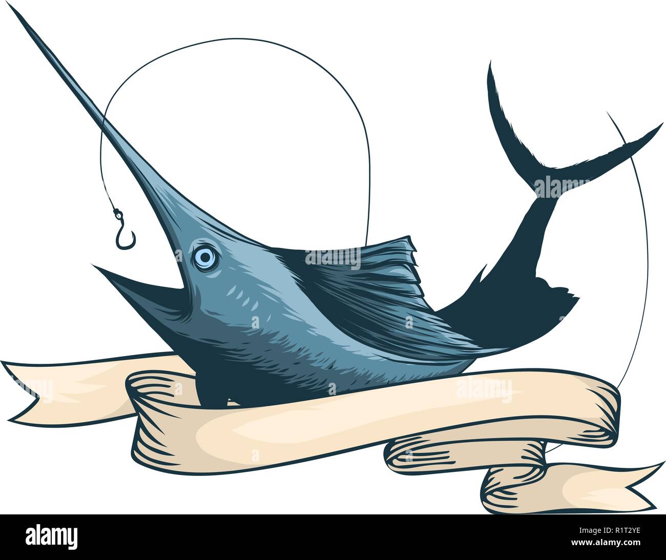 Marlin fish logo. Sword fishing emblem for sport club. Angry fish background theme vector illustration. Stock Vector