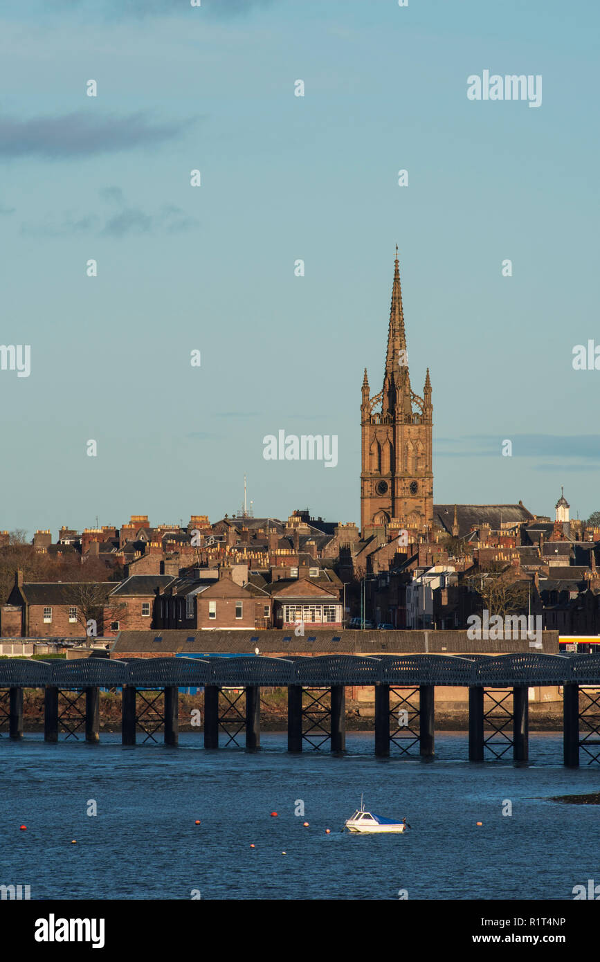 Montrose skyline is dominated by the Old and St. Andrew's Church, Angus, Scotland. Stock Photo