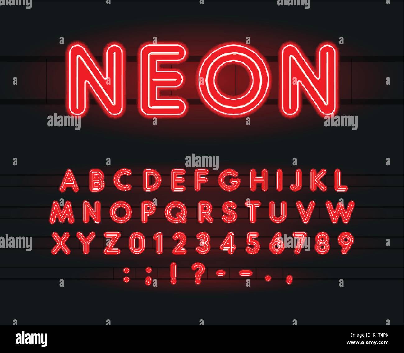 Set of neon letters, numbers and signs. Vector Alphabet for Bar, Cinema ...