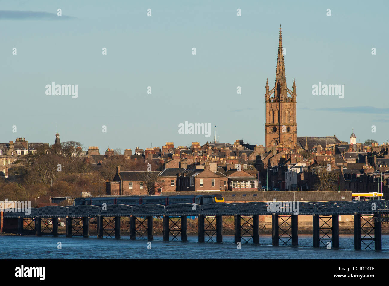 Montrose skyline is dominated by the Old and St. Andrew's Church, Angus, Scotland. Stock Photo
