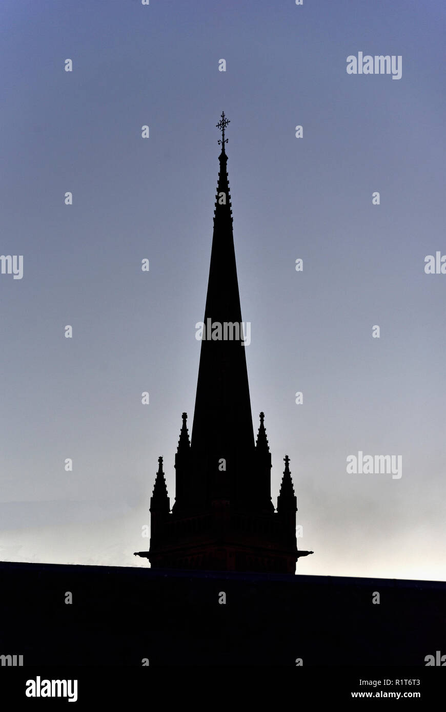 Silhouette of Church Spire. Church of Saint Mary, Lanark, South Lanarkshire, Scotland, United Kingdom, Europe. Stock Photo