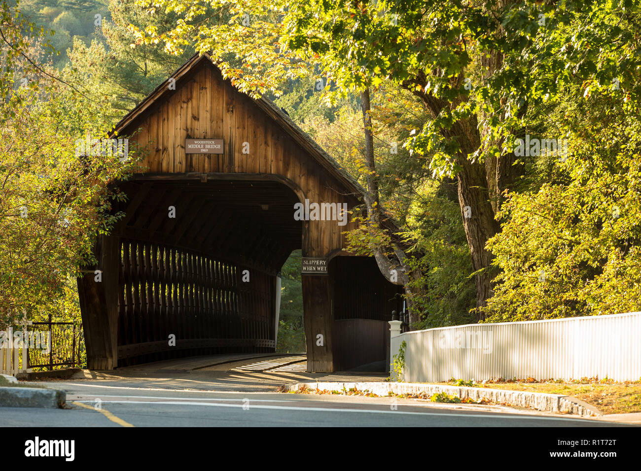 Woodstock Middle Bridge is in downtown Woodstock Vt. Named the prettiest small town in America
