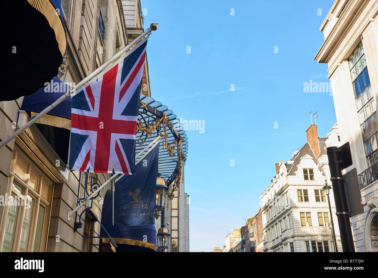 Arlington Street facing North, where the Ritz Hotel is located in London, UK. Stock Photo