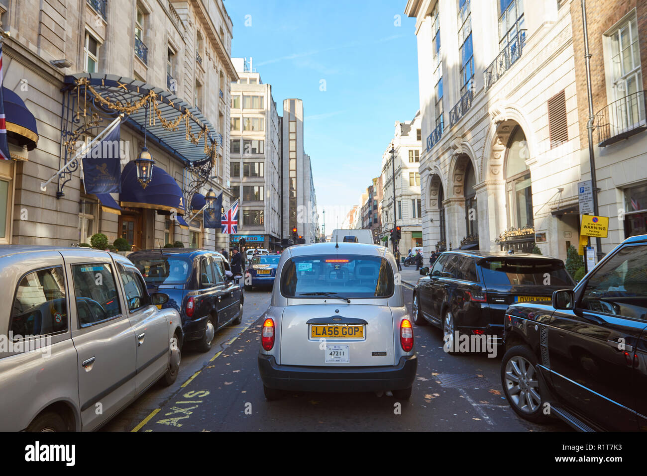 Arlington Street facing North, where the Ritz Hotel is located in London, UK. Stock Photo
