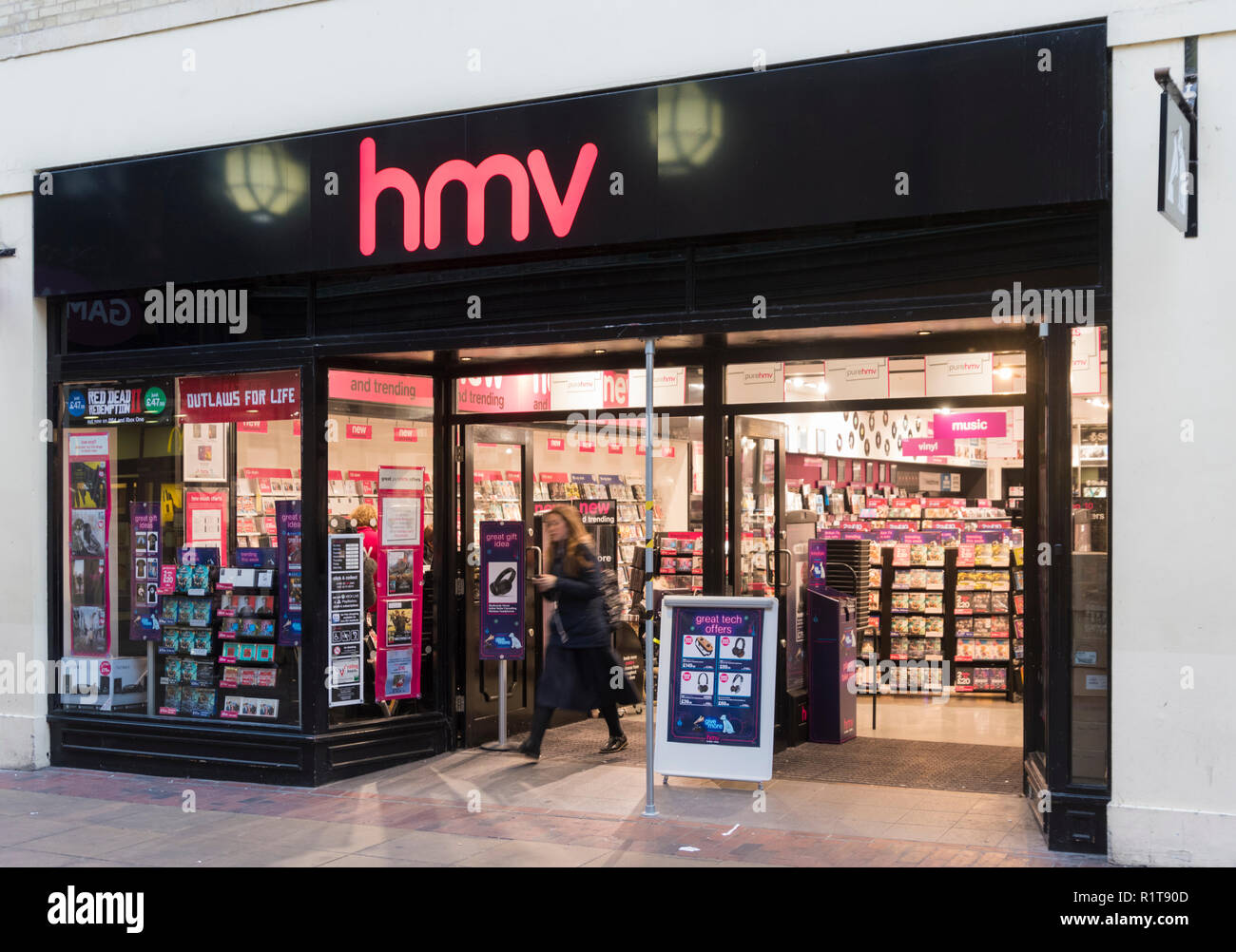 HMV shop front entrance in Worthing, West Sussex, England, UK. Retail store. Stock Photo