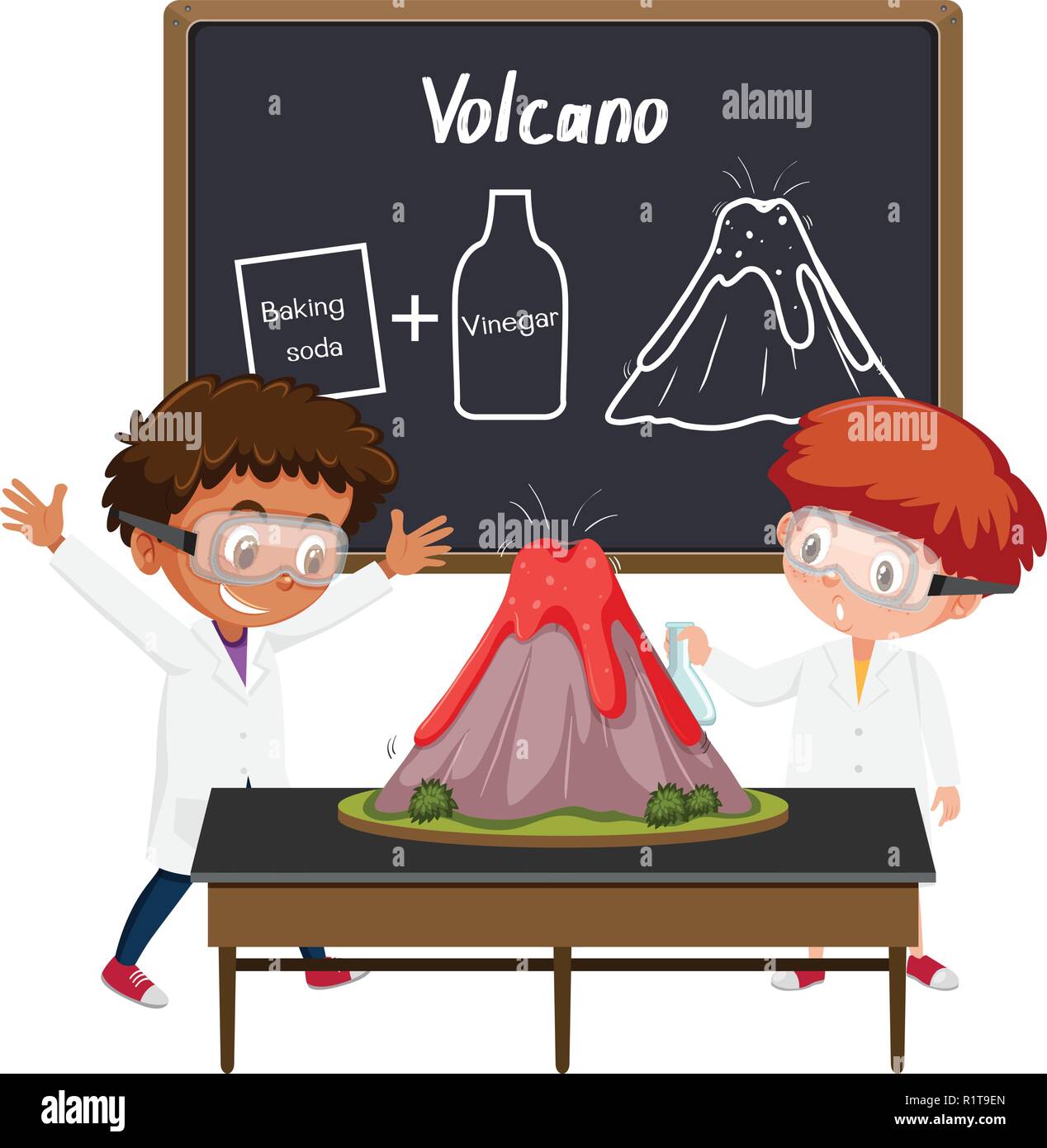 Student volcano science experiment illustration Stock Vector Image