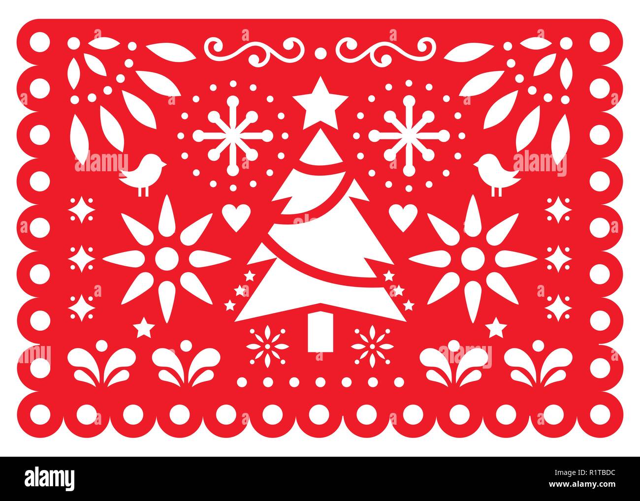 Christmas Papel Picado vector design, Mexican Xmas paper decorations, red and white 5x7 greeting card pattern Stock Vector