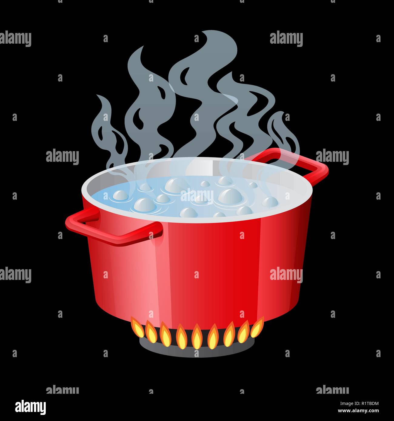 Red pan, saucepan, pot, casserole, cooker, stewpan with boiling water