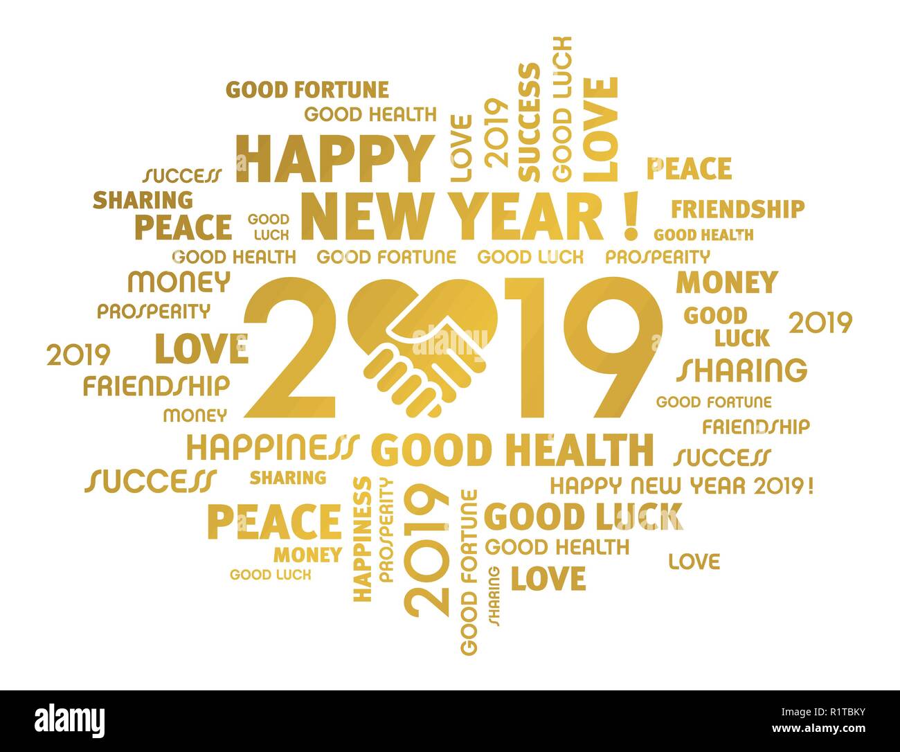 Gold greeting words around New Year date 2019, composed with a handshake heart symbol, isolated on white Stock Vector