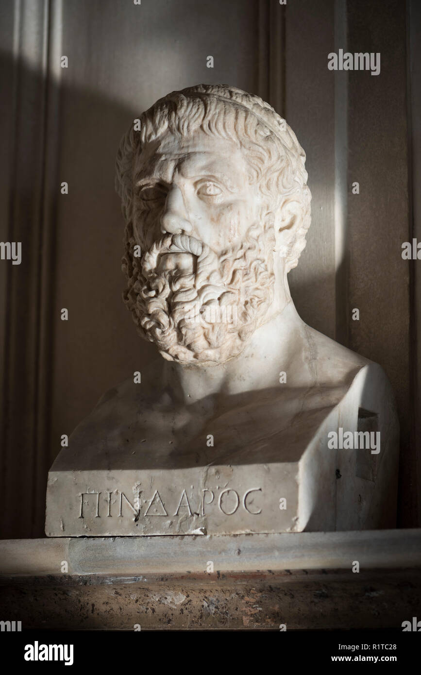 Rome. Italy. Portrait bust of Pindar (Pindaros/Pindarus, ca. 522 – ca. 443 BC) ancient Greek lyric poet from Thebes in the Hall of the Philosophers, C Stock Photo