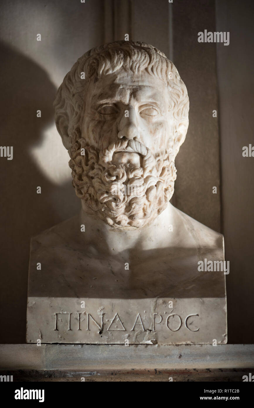 Rome. Italy. Portrait bust of Pindar (Pindaros/Pindarus, ca. 522 – ca. 443 BC) ancient Greek lyric poet from Thebes in the Hall of the Philosophers, C Stock Photo