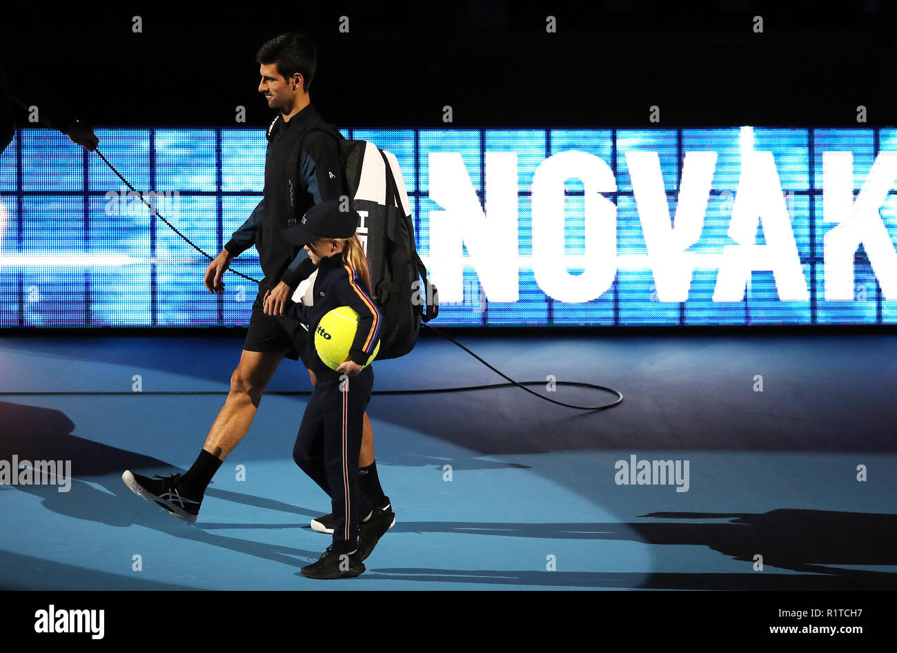 Novak Djokovic prior to the start of his singles match during day four of the Nitto ATP Finals at The O2 Arena, London. PRESS ASSOCIATION Photo. Picture date: Wednesday November 14, 2018. See PA story TENNIS London. Photo credit should read: John Walton/PA Wire. . Stock Photo