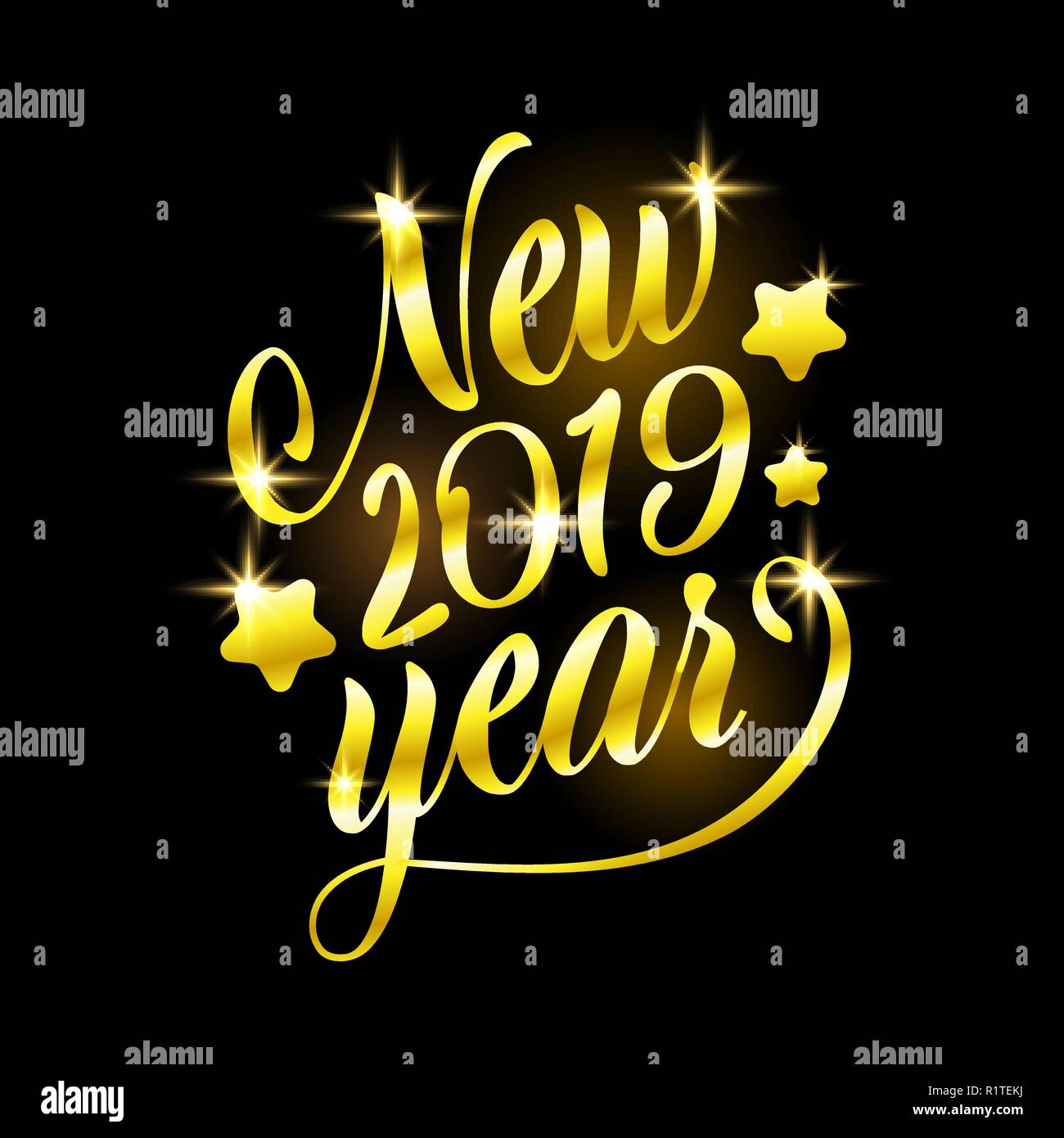 Golden sign Happy New 2019 Year Holiday Vector Illustration. Shiny Gold Lettering Composition With Sparkles Stock Vector
