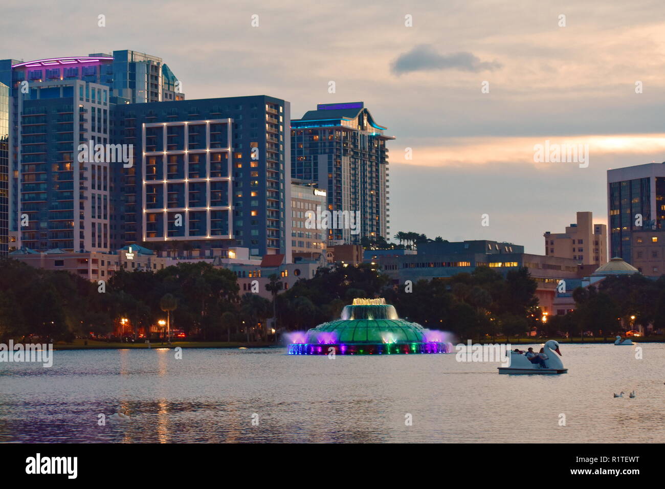 Orlando, Florida; September 05, 2018. Swan paddle boats for rent at