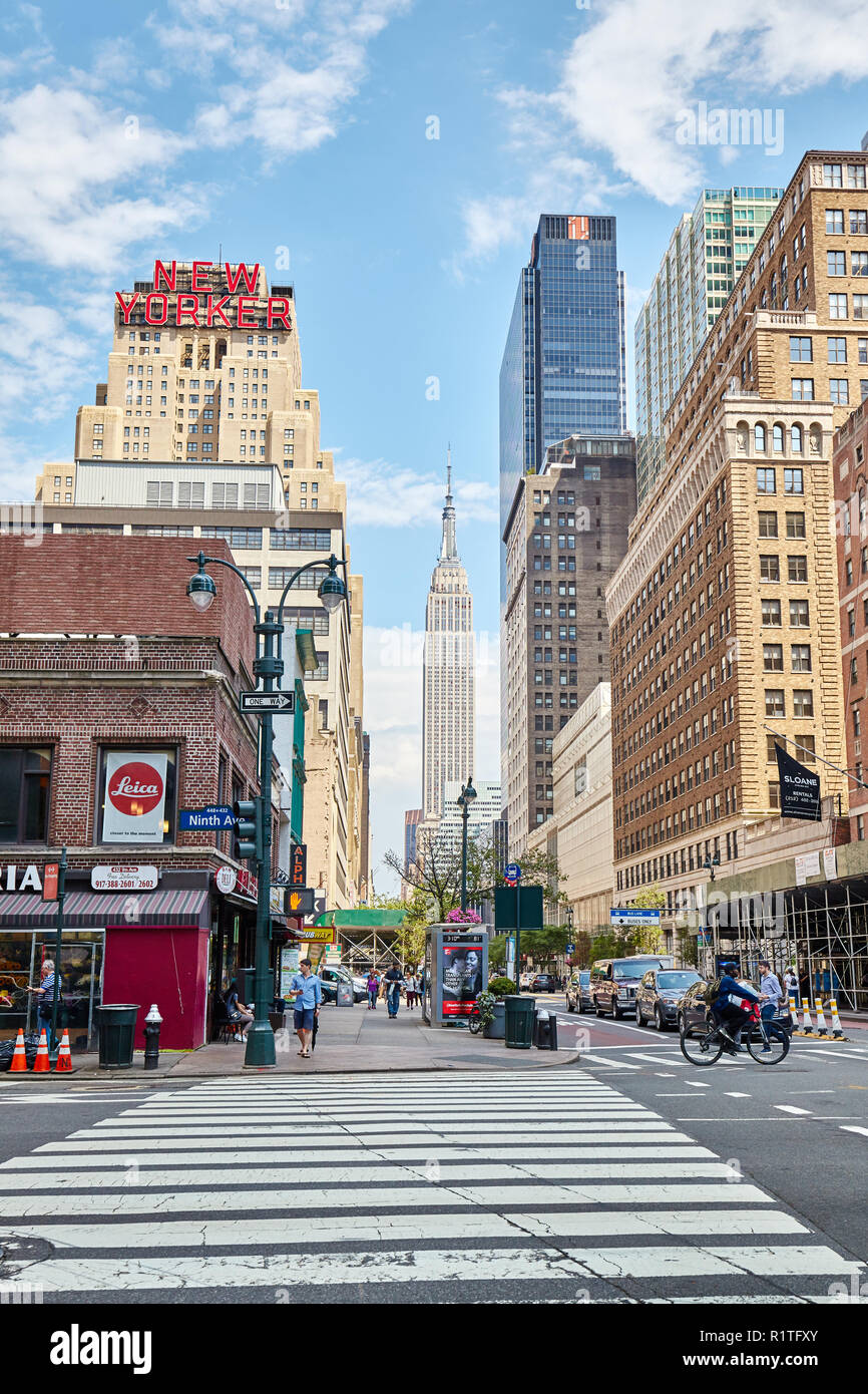 New York, USA - June 28, 2018: City life in the 'Big Apple', this nickname for New York City first introduced in the 1920s by John J. Fitz Gerald. Stock Photo