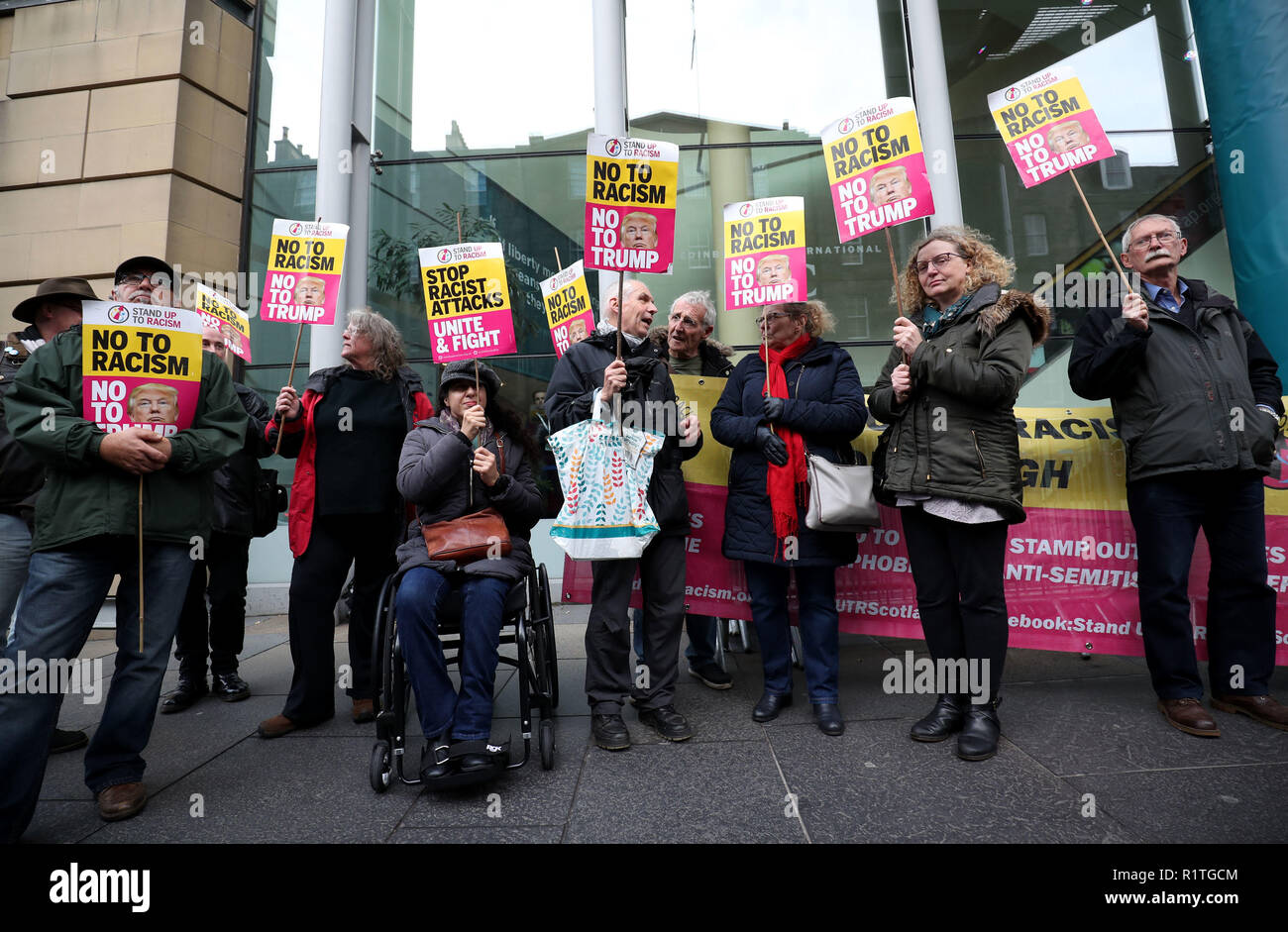 Anti-racism protesters outside Edinburgh International Conference Centre, where former White House advisor, Steve Bannon is speaking at the European Broadcasting Union's News Xchange event. Stock Photo