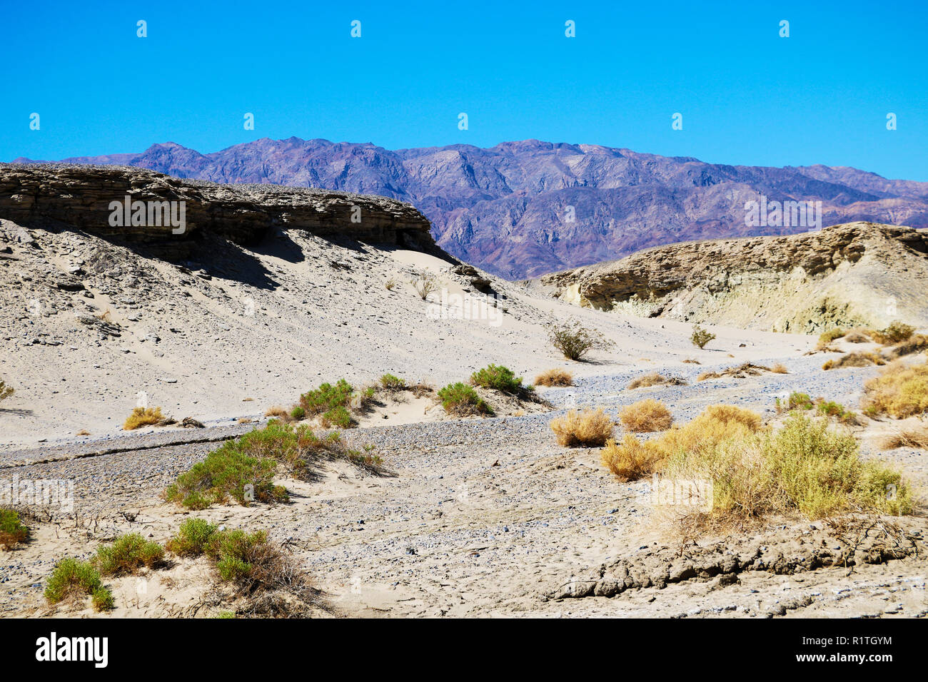 View of the dried mountain river in the background of mountains and sand Stock Photo