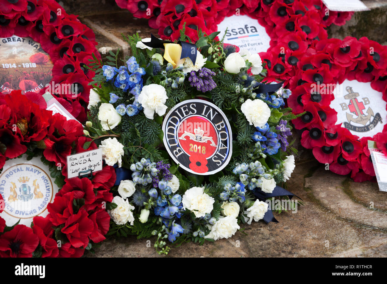 Wreath laid by the Submariners Association 'Buddies in Boats' at the Helensburgh War Memorial, Argyll, Scotland to remember the submariners lost in bo Stock Photo