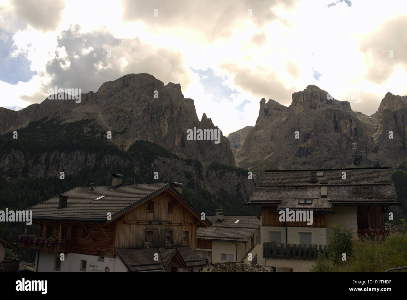 View over the rooftops of colfosco on the Sella group Stock Photo