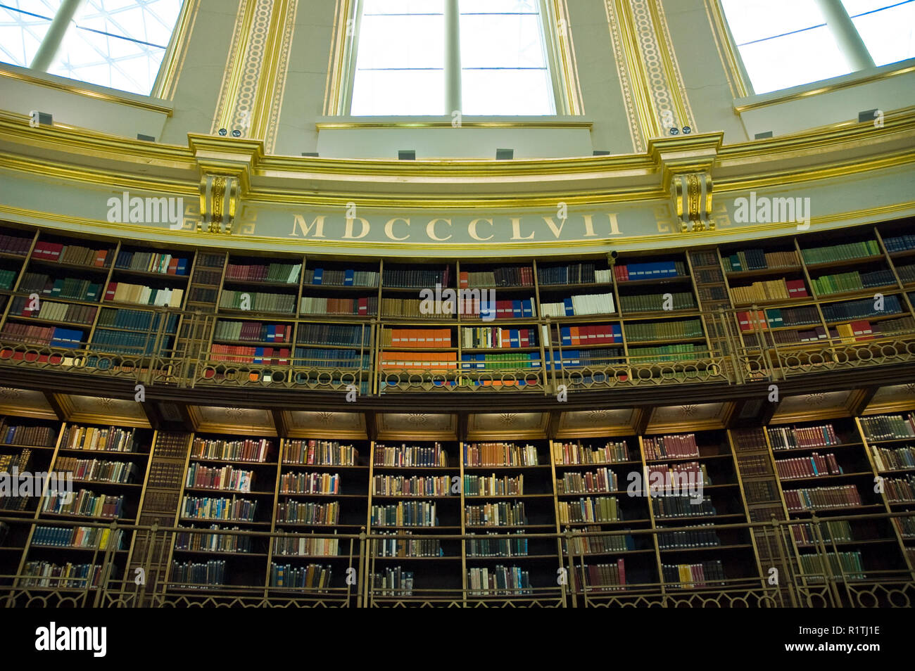Book shelves line the walls of the Reading Room, below the dome, in the
