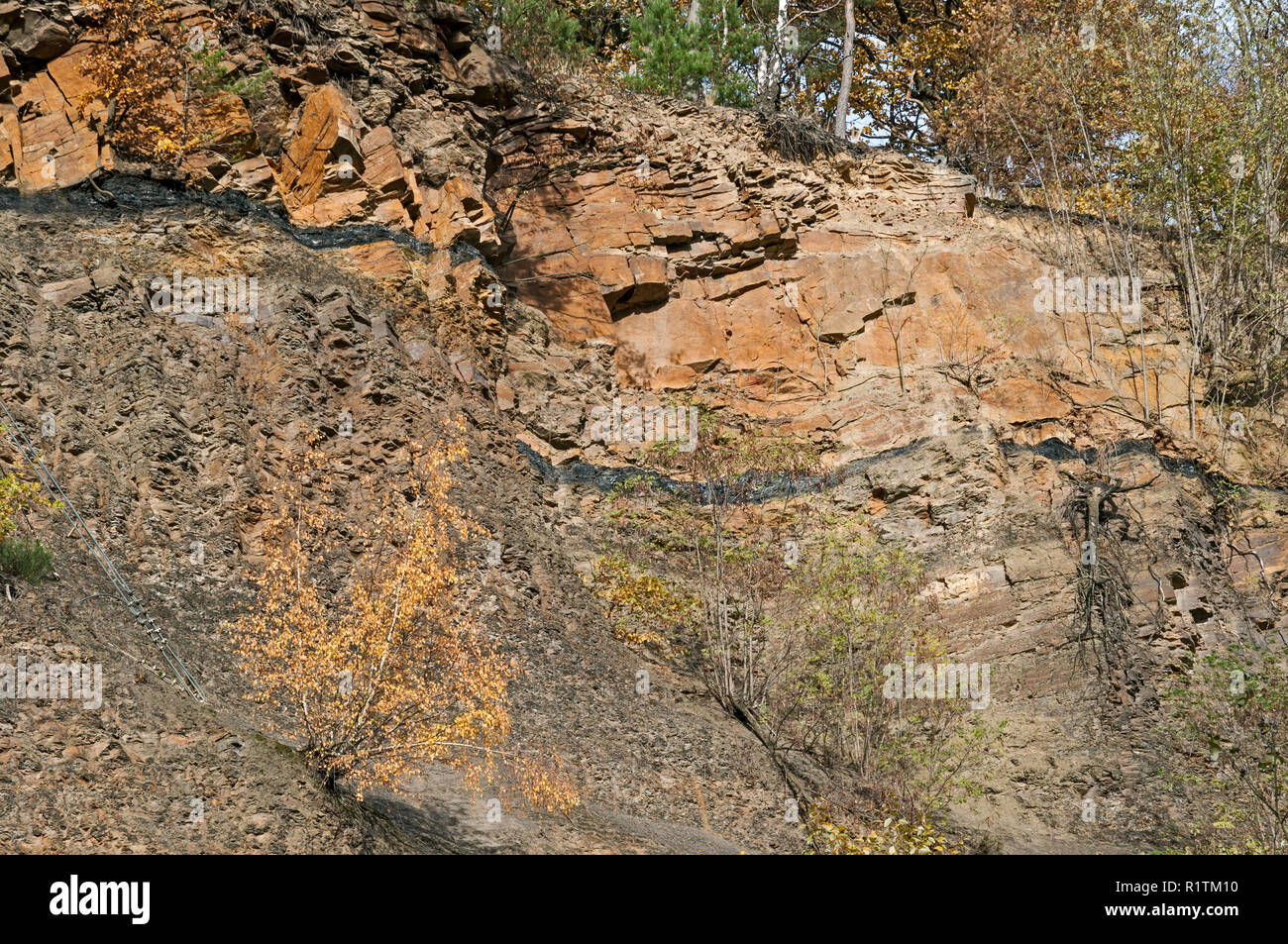 Clearly visible coal seam in Dünkelberg Quarry, Muttental, NRW, Germany. Stock Photo