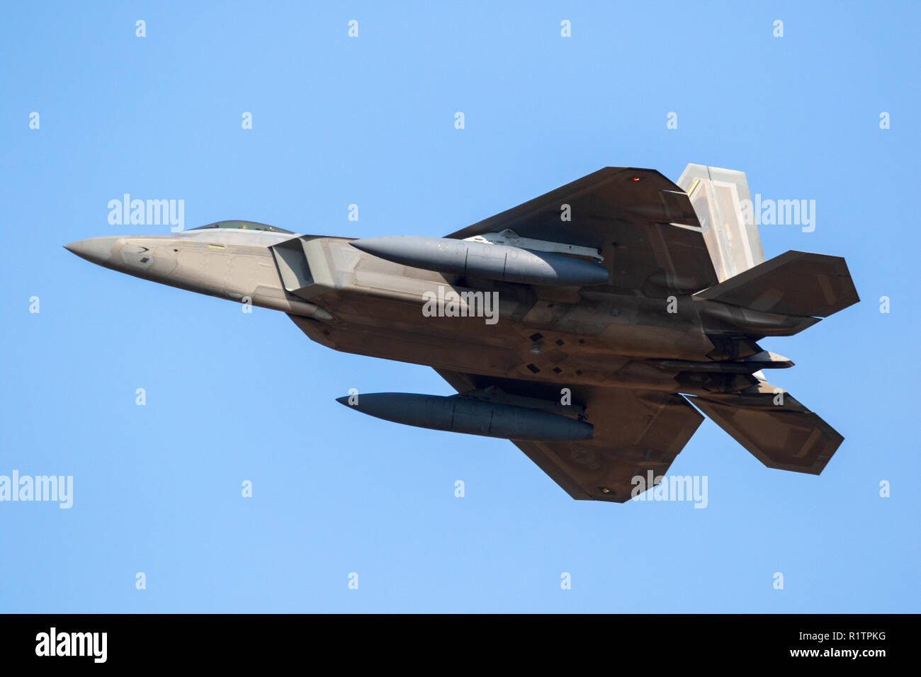 SPANGDAHLEM, GERMANY - 29 AUG, 2018: US Air Force Lockheed Martin F-22 Raptor stealth air superiority fighter jet aircraft taking off from Spangdahlem Stock Photo