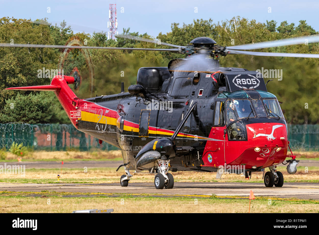 KLEINE BROGEL, BELGIUM - SEP 8, 2018: Belgian Air Force Sikorsky SH-3 Sea King Search And Rescue helicopter taxiing from the runway of Kleine-Brogel A Stock Photo