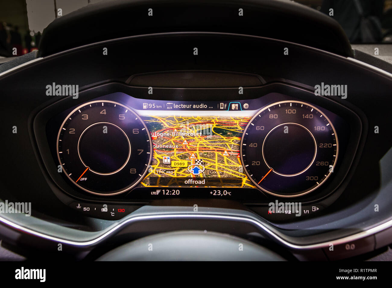 PARIS - OCT 3, 2018: Driver view of the new Audi TT sports car modern digital dashboard at the Paris Motor Show. Stock Photo