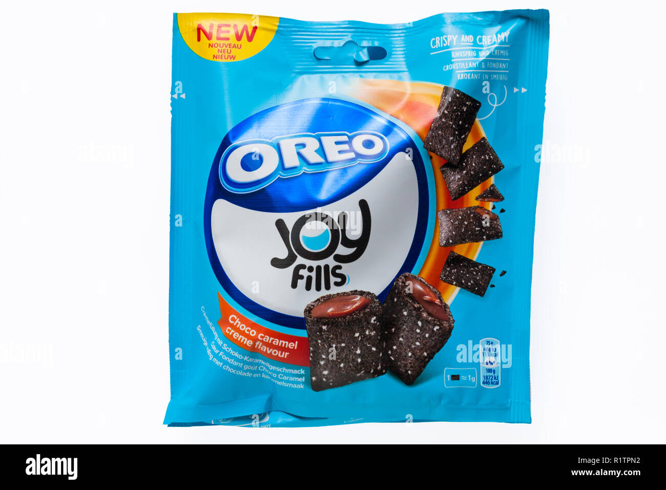 Packet of Oreo Joy Fills Choco caramel creme flavour crispy and creamy isolated on white background Stock Photo