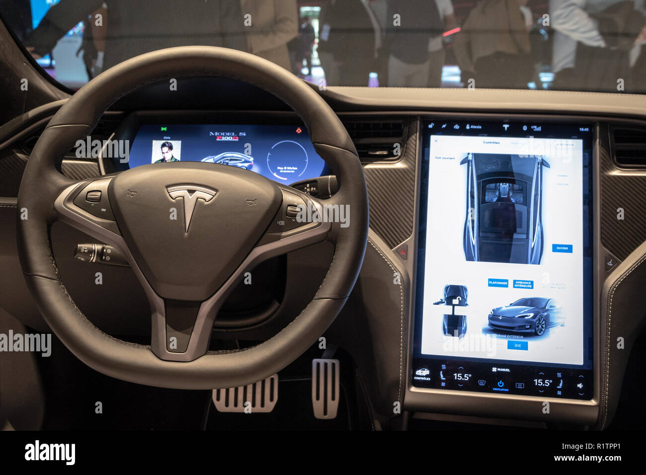 PARIS - OCT 3, 2018: Interior dashboard view of theTesla Model S P100D electric car showcased at the Paris Motor Show. Stock Photo