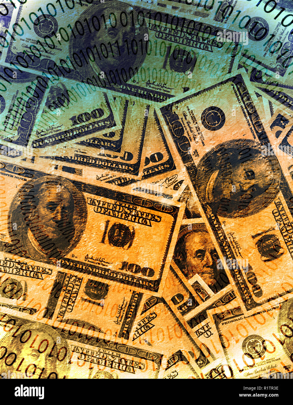 100 dollar banknotes, binary code. Virtual Money Stock Photo - Alamy