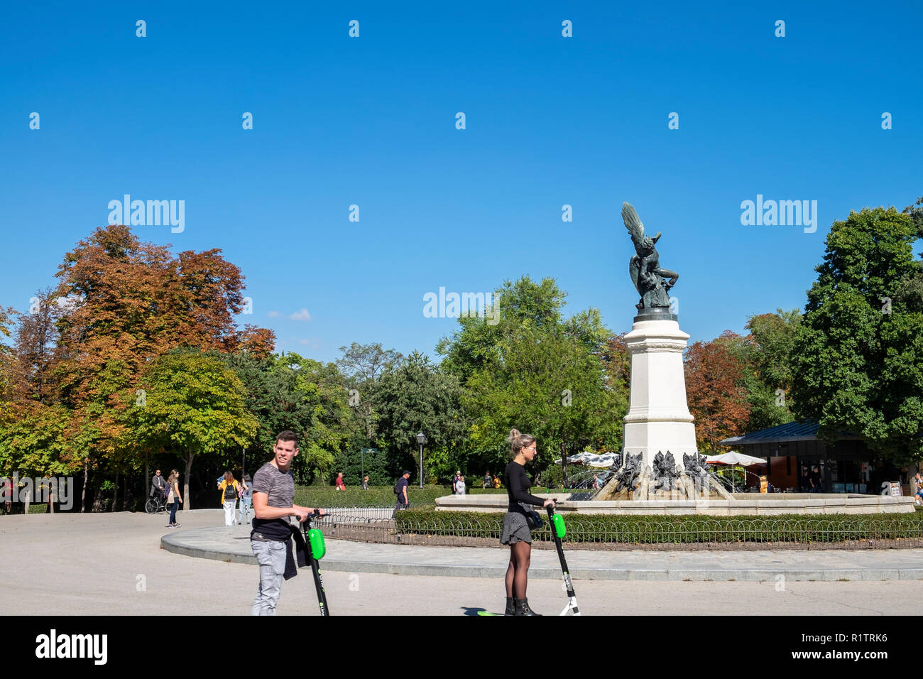 Statue of the Fallen Angel on a roundabout in the Retiro Park, Madrid
