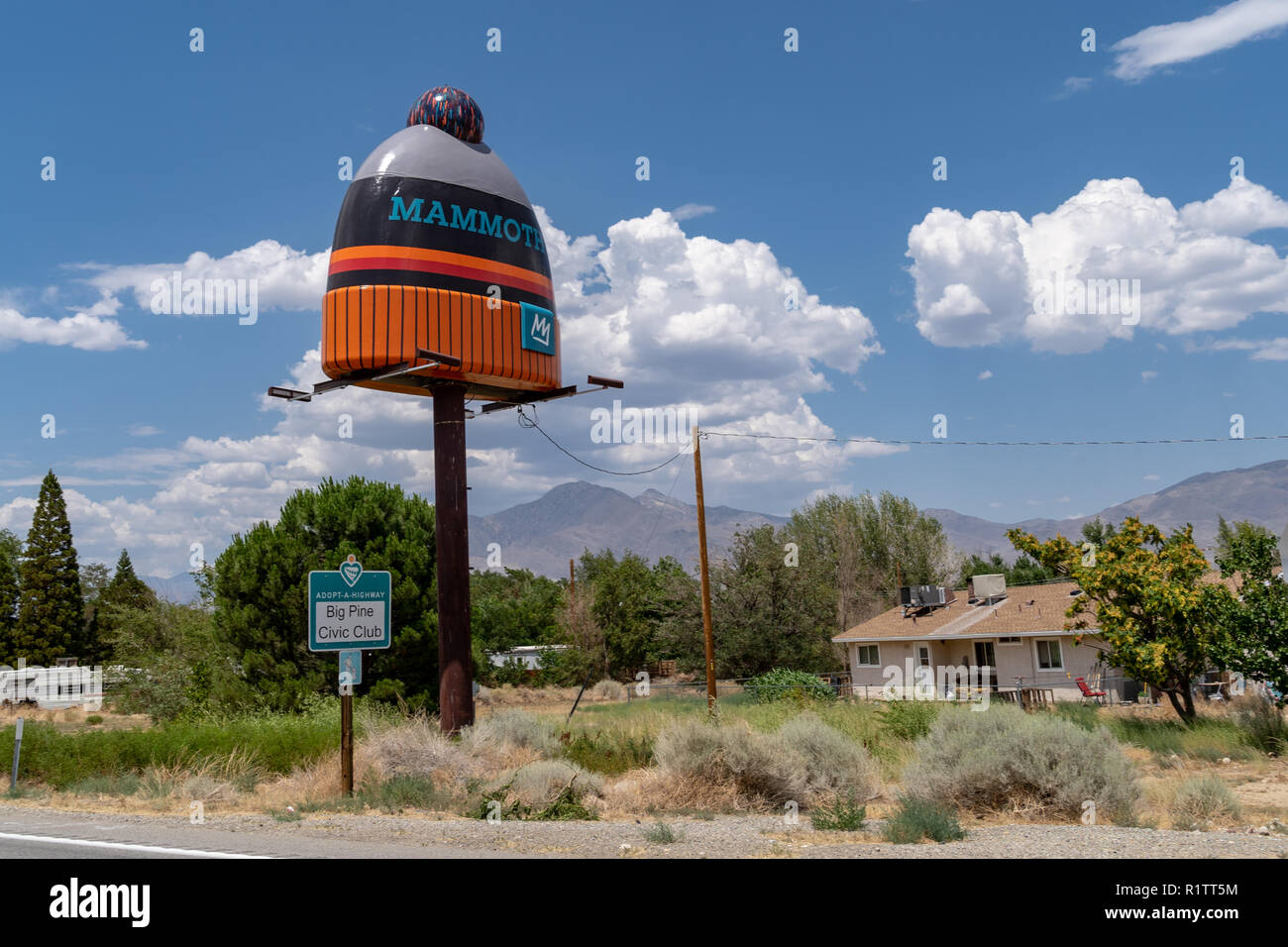 JULY 8 2018 - BIG PINE, CA: Famous Mammoth Mountain Ski Area beanie sign along the side of Highway US 395. The ski resort in Mammoth Lakes changes the Stock Photo