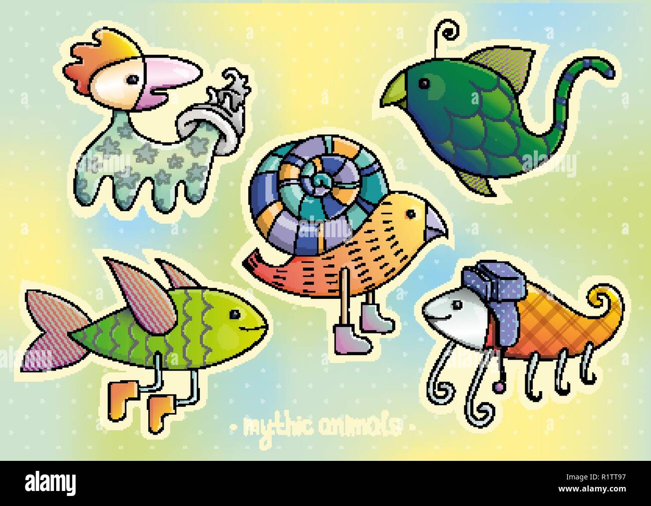 Cartoon animals. Mythic animals set. Colorful stickers. Stock Vector