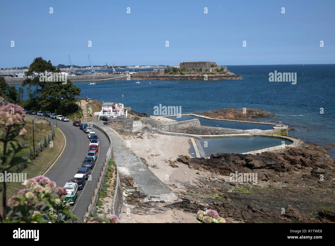 View of the open air swimming pools at St Peter Port, Guernsey, Channel