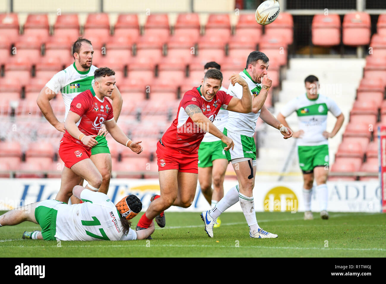 11th November 2018 , Racecourse Ground,  Wrexham, Wales ;  Rugby League World Cup Qualifier,Wales v Ireland ; Gavin Bennion of Wales celebrates scoring a try    Credit:   Craig Thomas/News Images Stock Photo